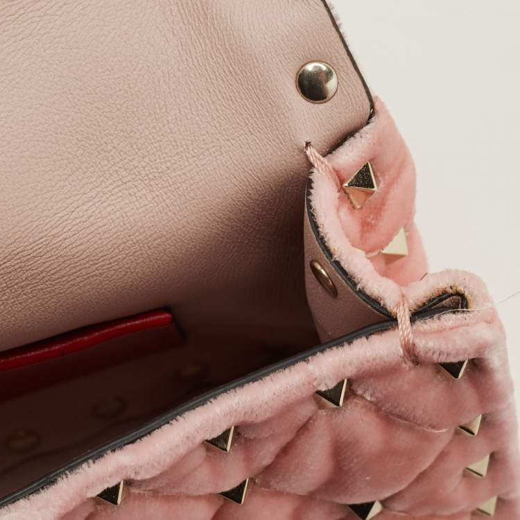 Pre Owned Valentino Pink Quilted Velvet Small Rockstud Spike Top Handle Bag