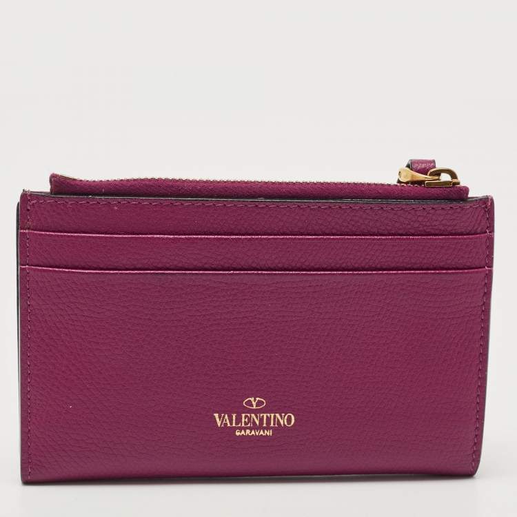 Pre Owned Valentino Burgundy Leather VLogo Bifold Card Case