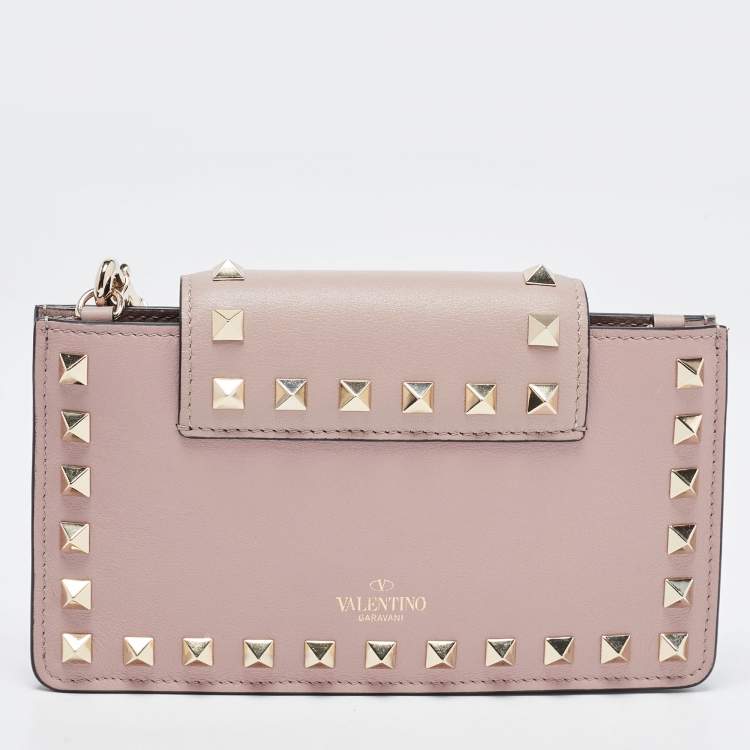 Pre Owned Valentino Beige Leather Rockstud Phone Wristlet Pouch
