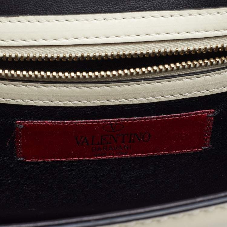 Pre Owned Valentino Off White/Black Leather Small Rockstud Glam Lock Flap Bag