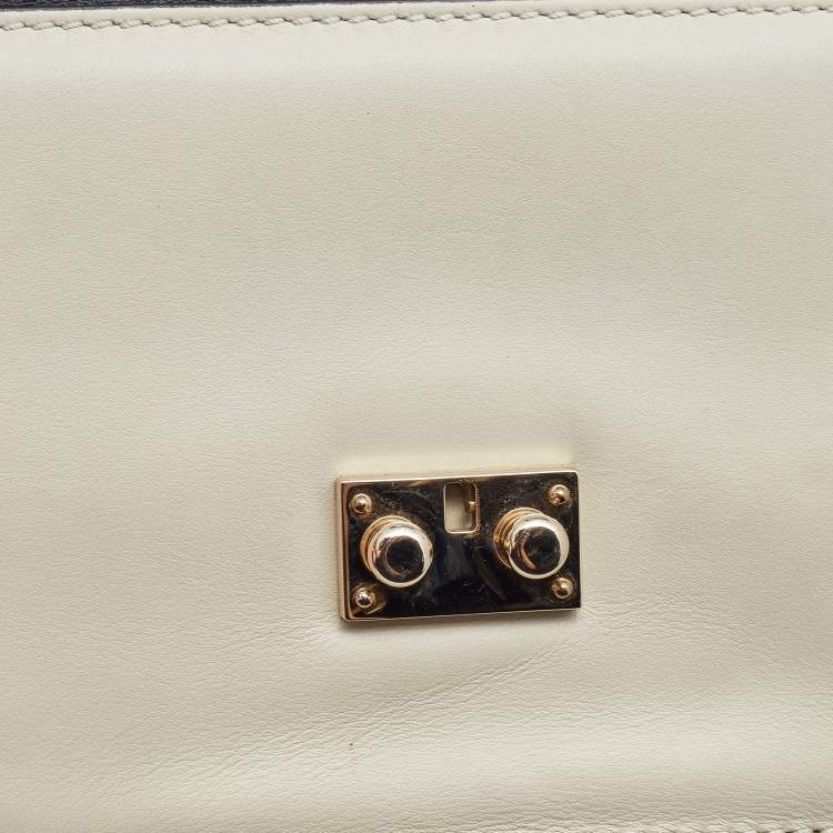 Pre Owned Valentino Off White/Black Leather Small Rockstud Glam Lock Flap Bag