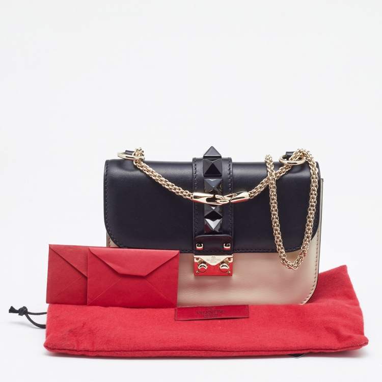 Pre Owned Valentino Off White/Black Leather Small Rockstud Glam Lock Flap Bag