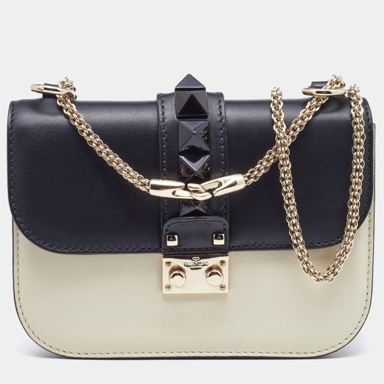 Pre Owned Valentino Off White/Black Leather Small Rockstud Glam Lock Flap Bag