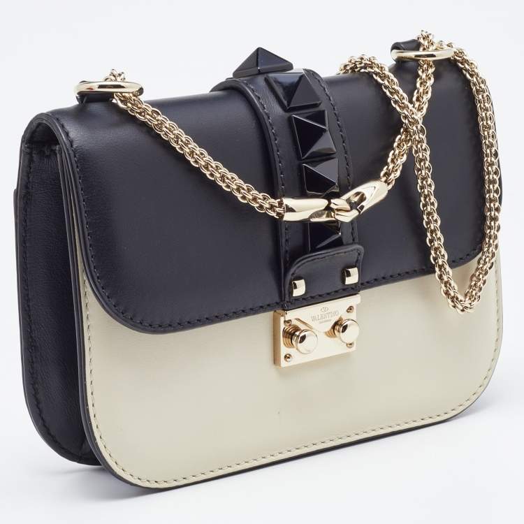 Pre Owned Valentino Off White/Black Leather Small Rockstud Glam Lock Flap Bag