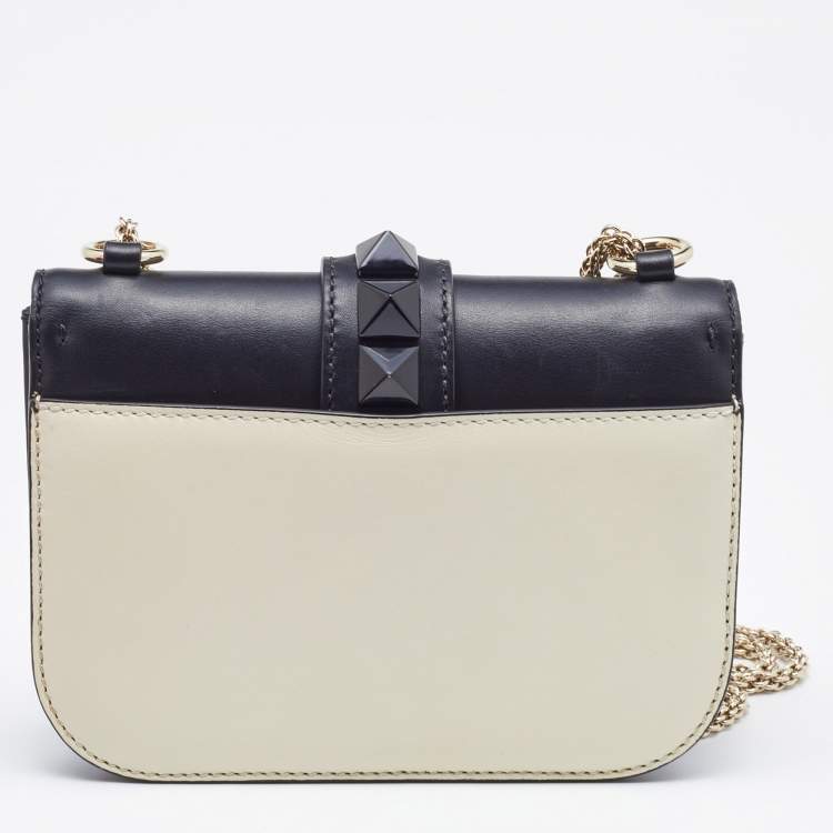 Pre Owned Valentino Off White/Black Leather Small Rockstud Glam Lock Flap Bag