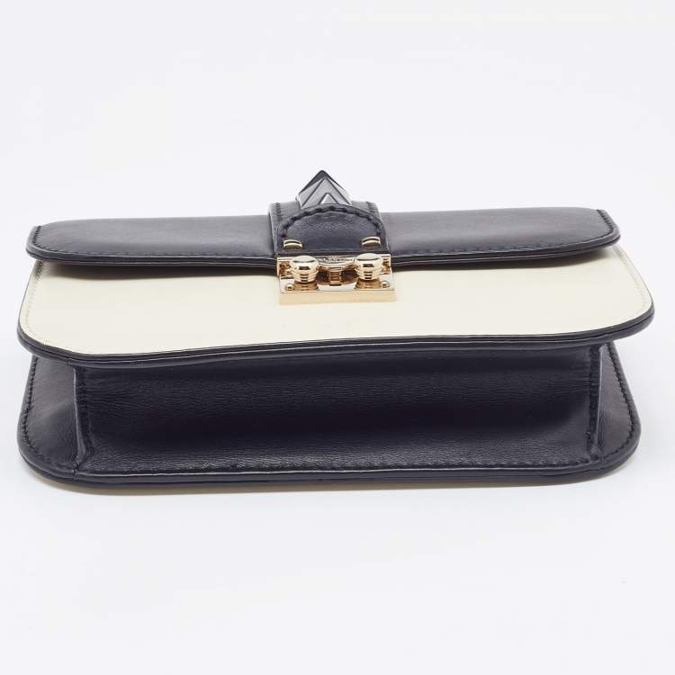 Pre Owned Valentino Off White/Black Leather Small Rockstud Glam Lock Flap Bag