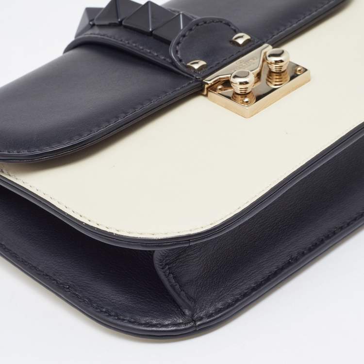 Pre Owned Valentino Off White/Black Leather Small Rockstud Glam Lock Flap Bag