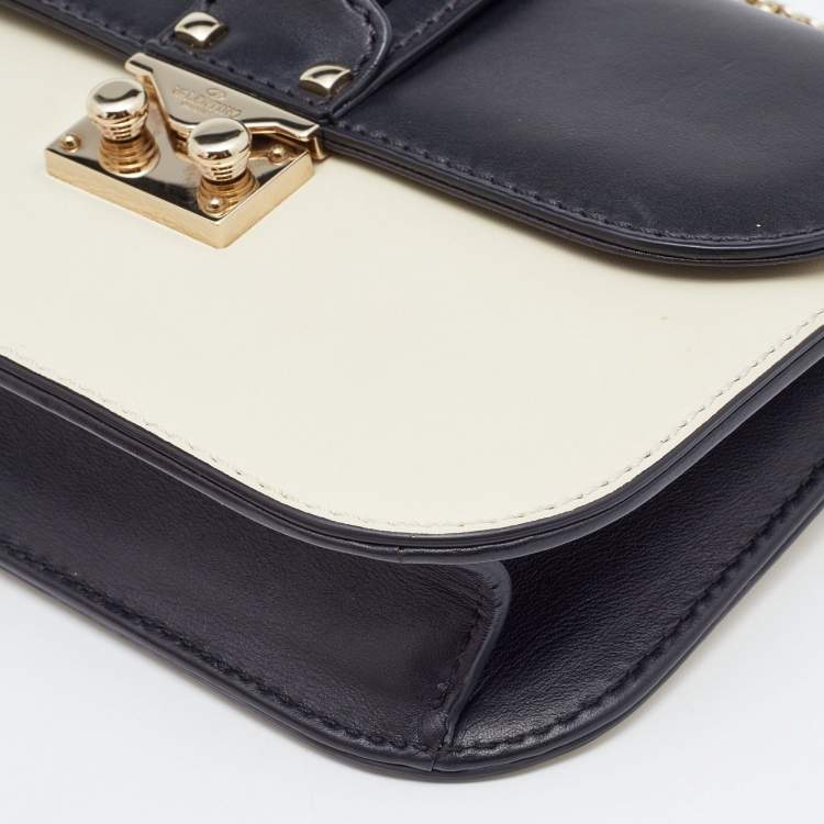 Pre Owned Valentino Off White/Black Leather Small Rockstud Glam Lock Flap Bag