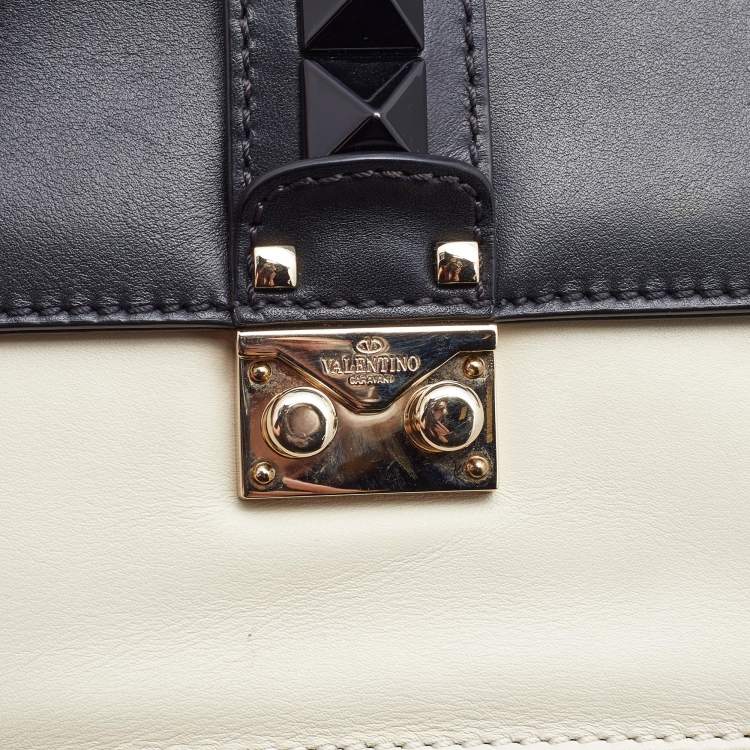 Pre Owned Valentino Off White/Black Leather Small Rockstud Glam Lock Flap Bag