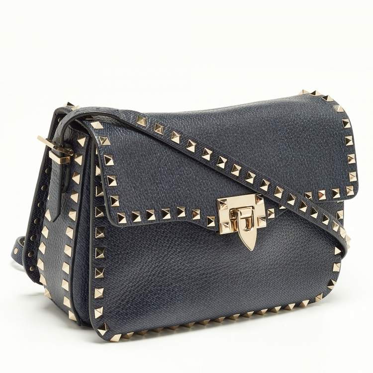 Pre Owned Valentino Blue Grain Leather Medium Rockstud Flap Shoulder Bag