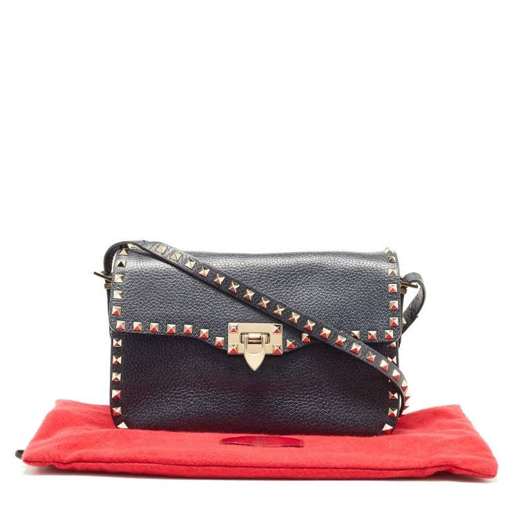 Pre Owned Valentino Blue Grain Leather Medium Rockstud Flap Shoulder Bag