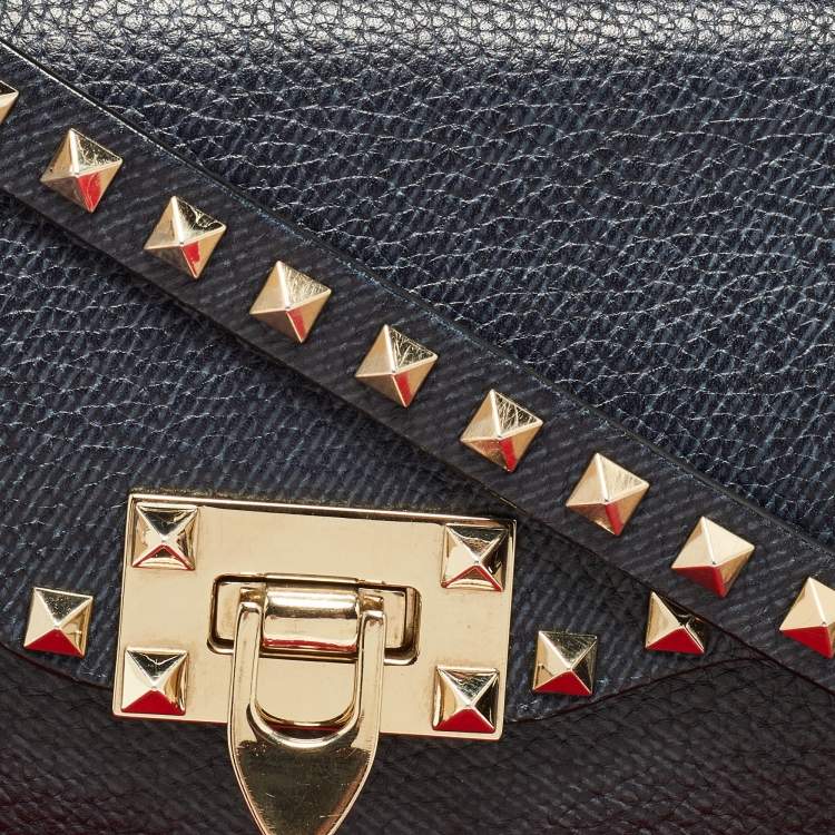 Pre Owned Valentino Blue Grain Leather Medium Rockstud Flap Shoulder Bag