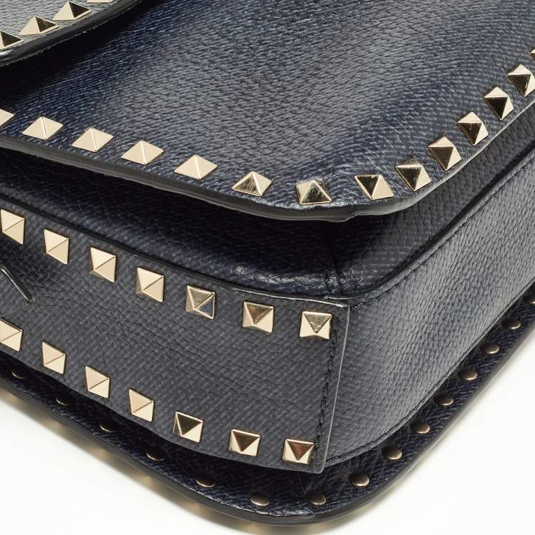 Pre Owned Valentino Blue Grain Leather Medium Rockstud Flap Shoulder Bag