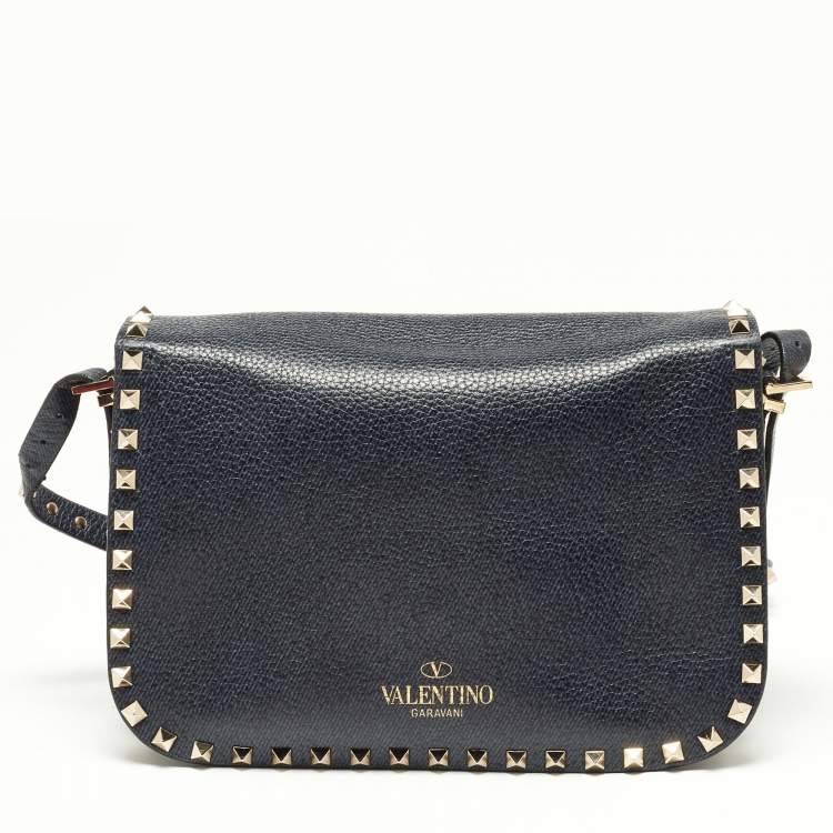 Pre Owned Valentino Blue Grain Leather Medium Rockstud Flap Shoulder Bag