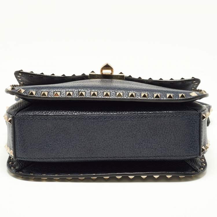 Pre Owned Valentino Blue Grain Leather Medium Rockstud Flap Shoulder Bag