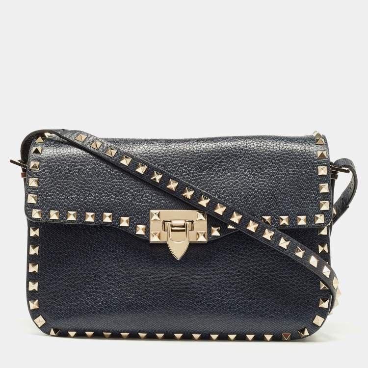 Pre Owned Valentino Blue Grain Leather Medium Rockstud Flap Shoulder Bag