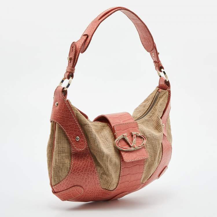 Pre Owned Valentino Beige/Orange Croc Embossed Leather and Straw Catch Hobo