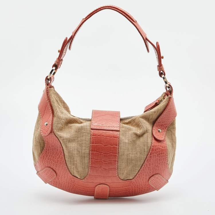 Pre Owned Valentino Beige/Orange Croc Embossed Leather and Straw Catch Hobo