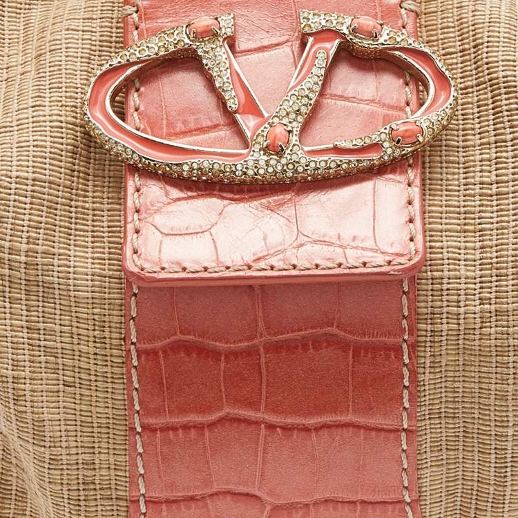Pre Owned Valentino Beige/Orange Croc Embossed Leather and Straw Catch Hobo