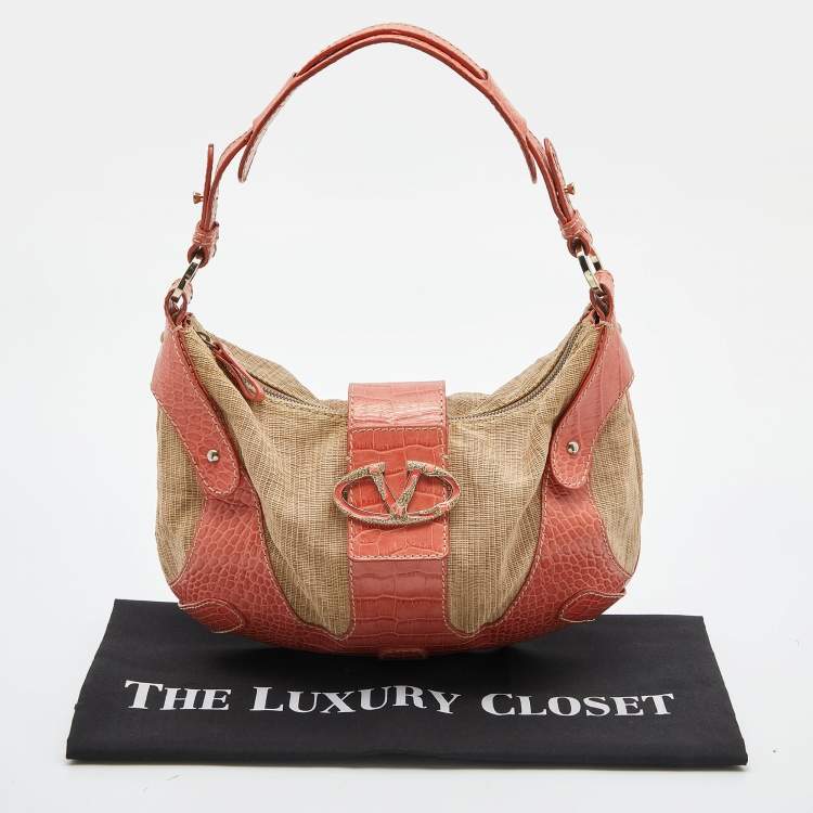 Pre Owned Valentino Beige/Orange Croc Embossed Leather and Straw Catch Hobo