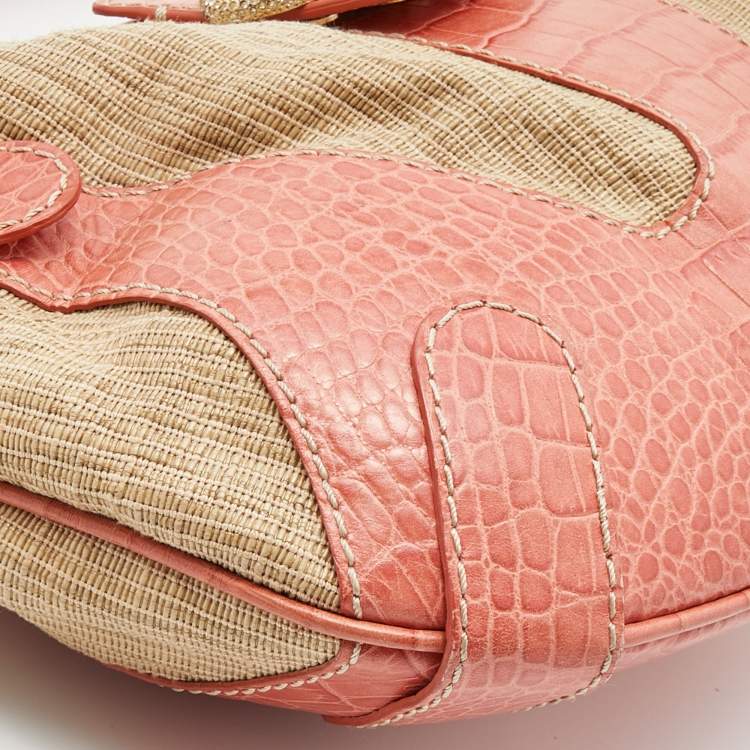 Pre Owned Valentino Beige/Orange Croc Embossed Leather and Straw Catch Hobo