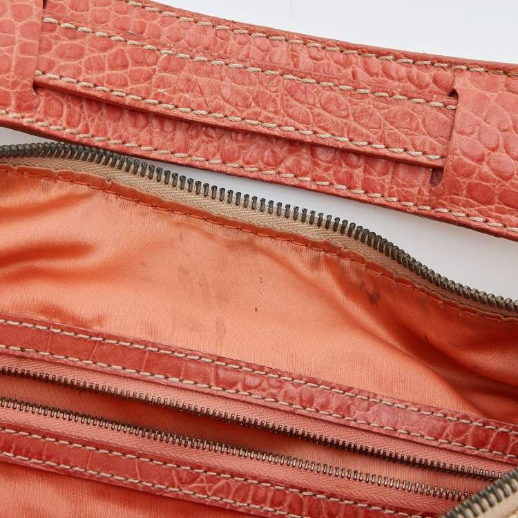 Pre Owned Valentino Beige/Orange Croc Embossed Leather and Straw Catch Hobo