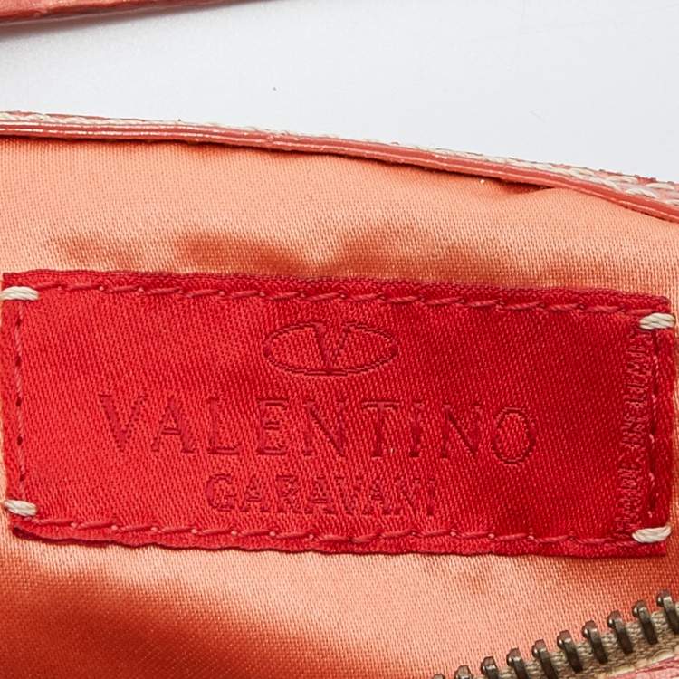 Pre Owned Valentino Beige/Orange Croc Embossed Leather and Straw Catch Hobo