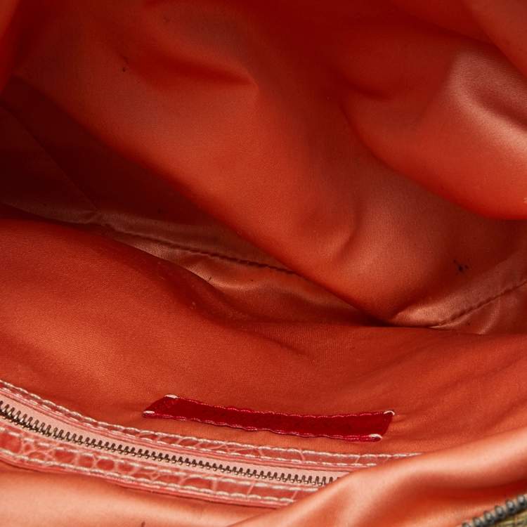 Pre Owned Valentino Beige/Orange Croc Embossed Leather and Straw Catch Hobo