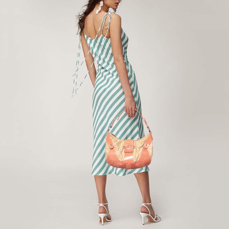 Pre Owned Valentino Beige/Orange Croc Embossed Leather and Straw Catch Hobo