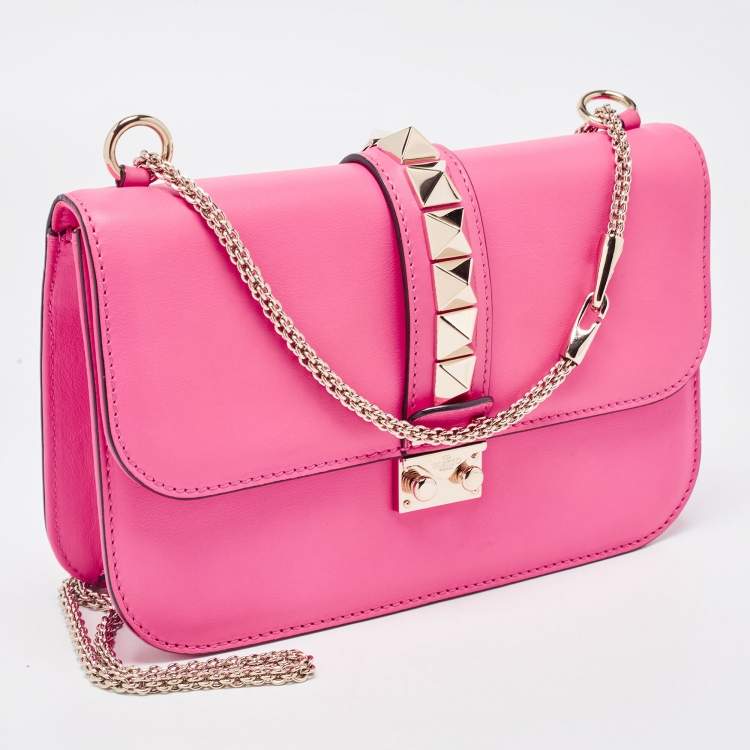 Pre Owned Valentino Pink Leather Medium Glam Lock Chain Shoulder Bag