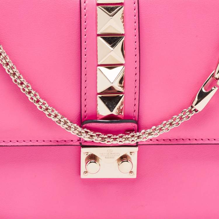 Pre Owned Valentino Pink Leather Medium Glam Lock Chain Shoulder Bag