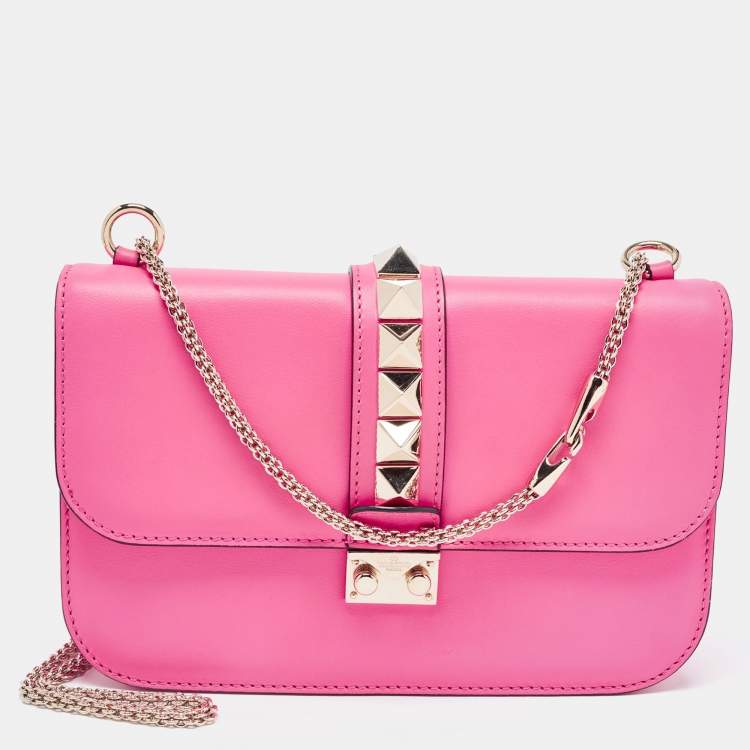 Valentino Pink Leather Small Rockstud Glam Lock Flap Bag at