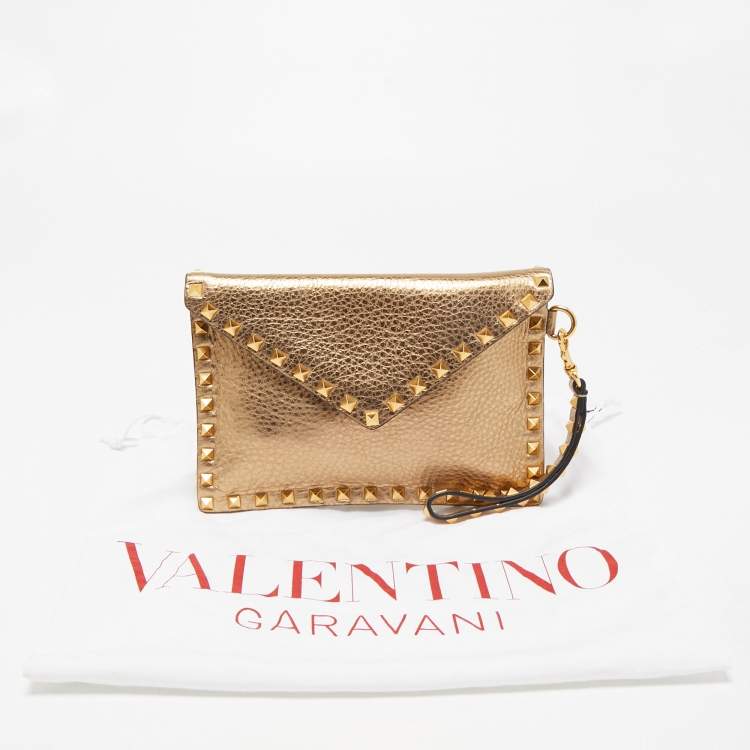Pre Owned Valentino Gold Leather Rockstud Envelope Wristlet Clutch
