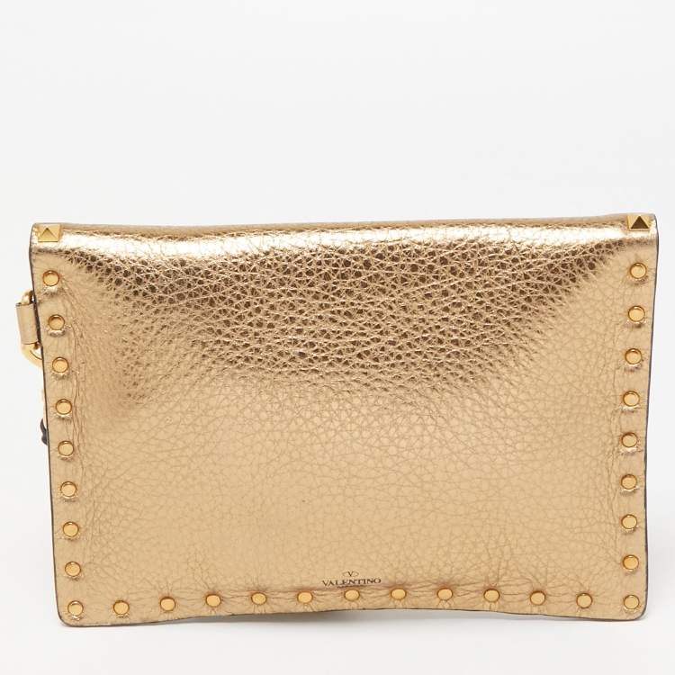 Pre Owned Valentino Gold Leather Rockstud Envelope Wristlet Clutch