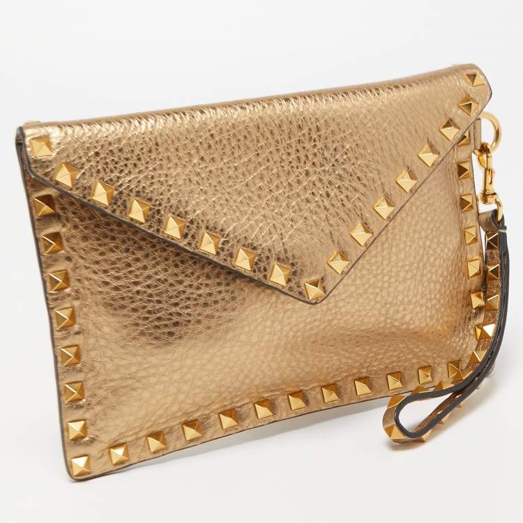 Pre Owned Valentino Gold Leather Rockstud Envelope Wristlet Clutch