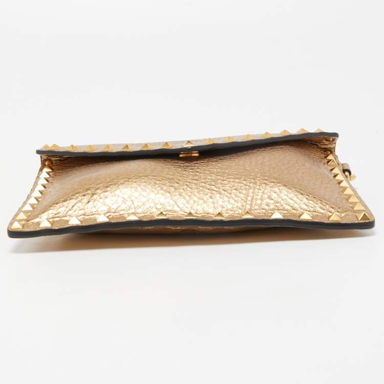 Pre Owned Valentino Gold Leather Rockstud Envelope Wristlet Clutch