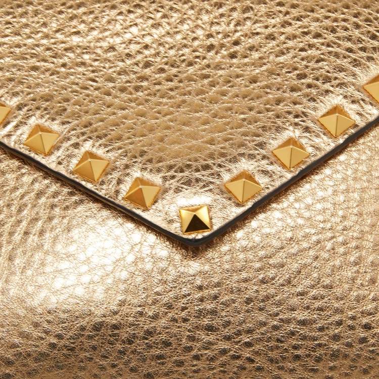 Pre Owned Valentino Gold Leather Rockstud Envelope Wristlet Clutch