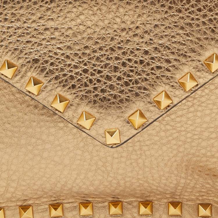 Pre Owned Valentino Gold Leather Rockstud Envelope Wristlet Clutch
