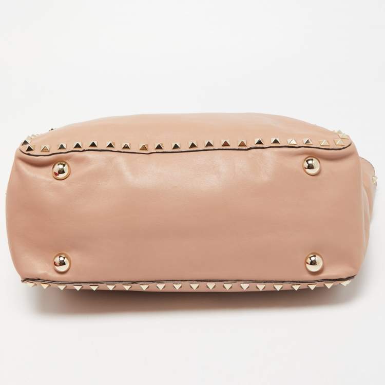 Pre Owned Valentino Beige Soft Leather Rockstud Flap Top Handle Bag