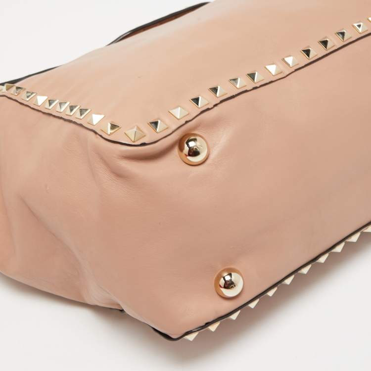 Pre Owned Valentino Beige Soft Leather Rockstud Flap Top Handle Bag