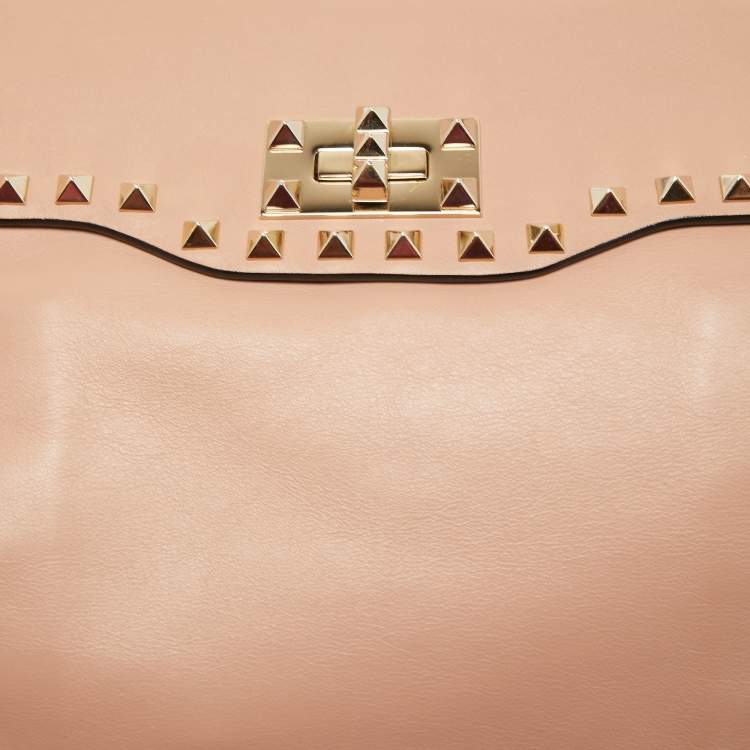 Pre Owned Valentino Beige Soft Leather Rockstud Flap Top Handle Bag