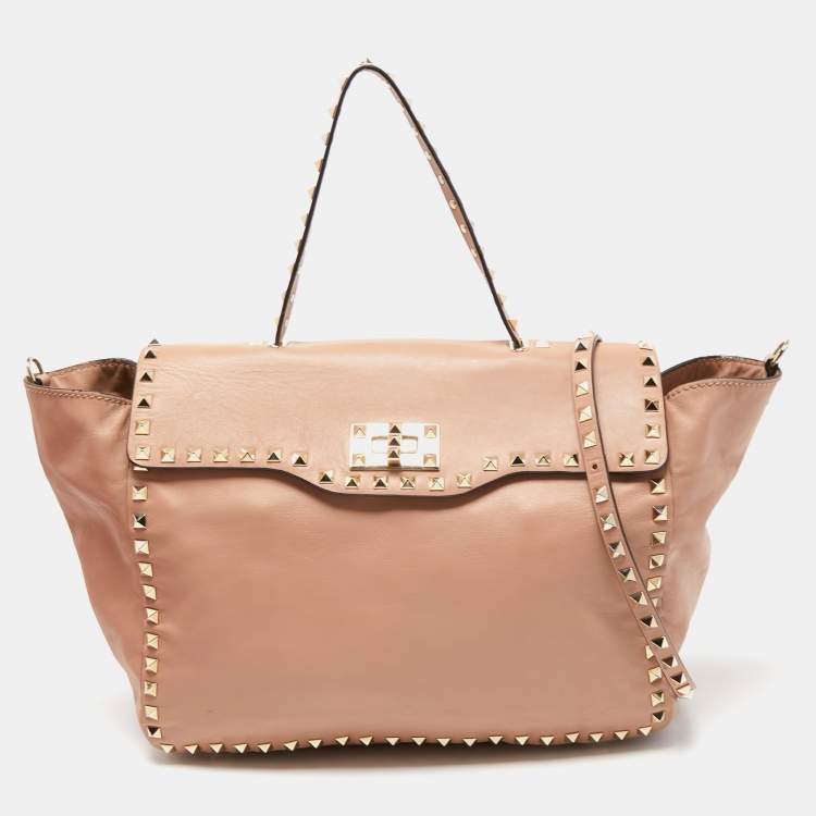 Pre Owned Valentino Beige Soft Leather Rockstud Flap Top Handle Bag