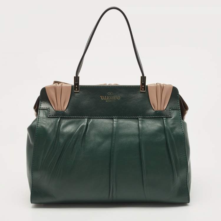 Pre Owned Valentino Green/Dusty Pink Leather Aphrodite Bow Top Handle Bag