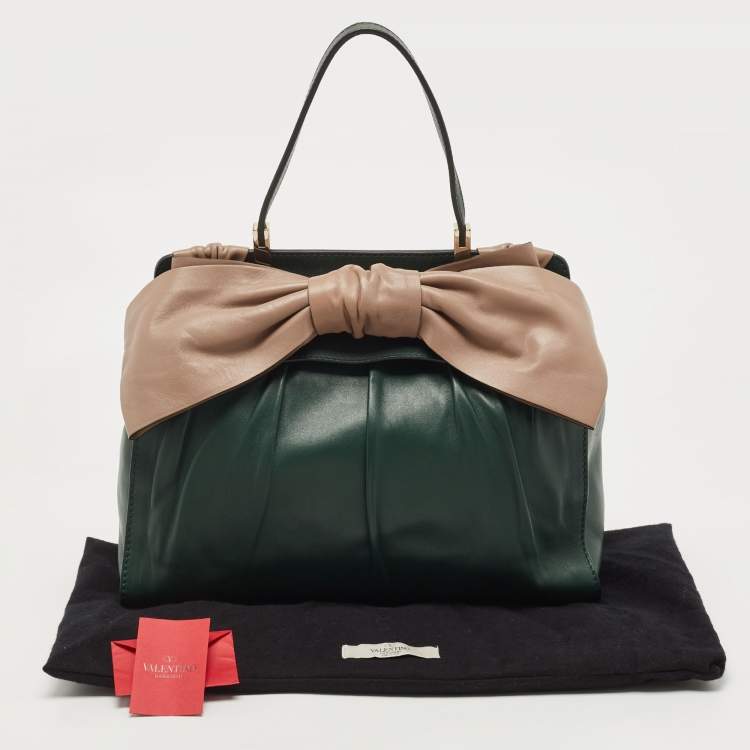 Pre Owned Valentino Green/Dusty Pink Leather Aphrodite Bow Top Handle Bag