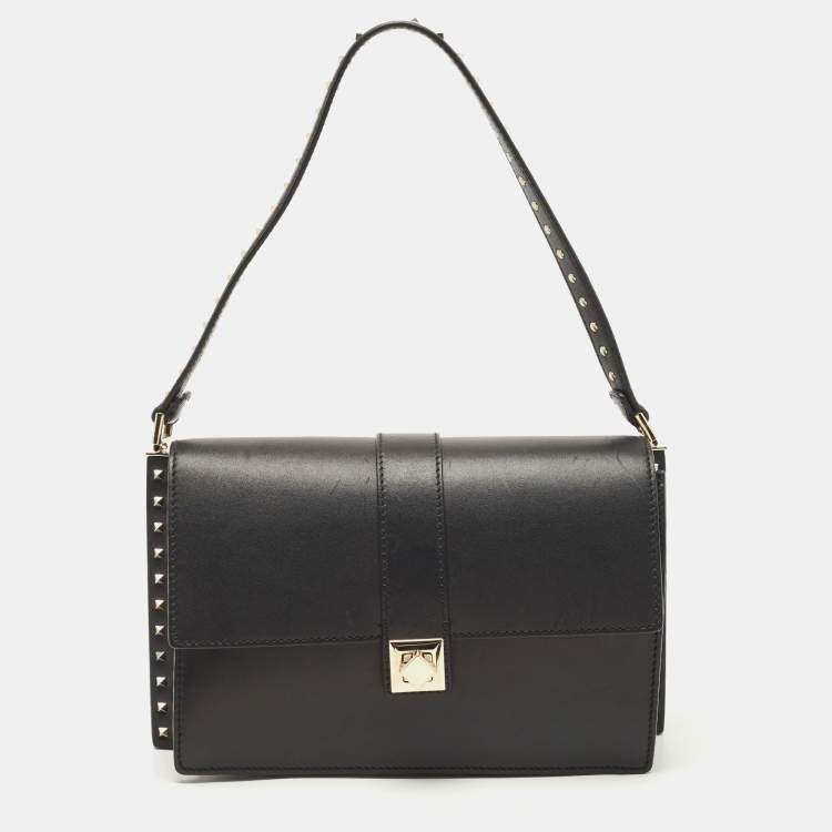 Pre Owned Valentino Black Leather Studded Flap Shoulder Bag