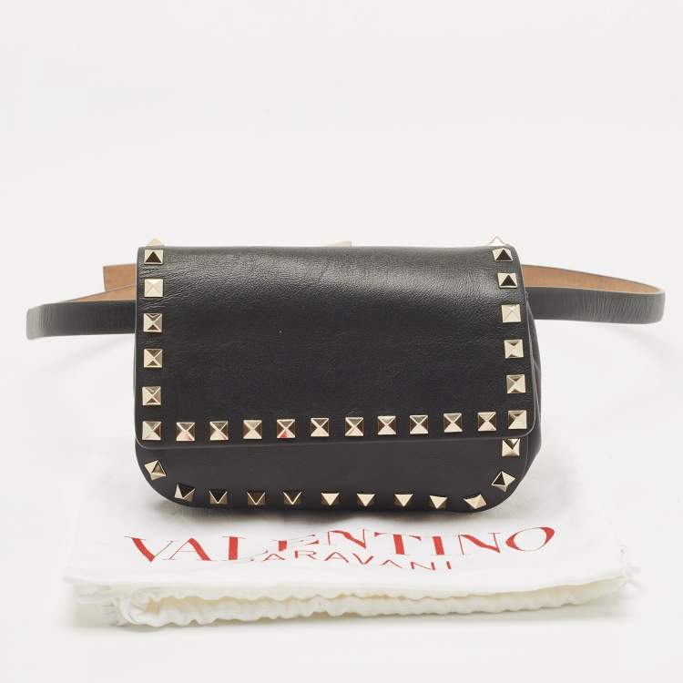 Pre Owned Valentino Black Leather Rockstud Flap Belt Bag