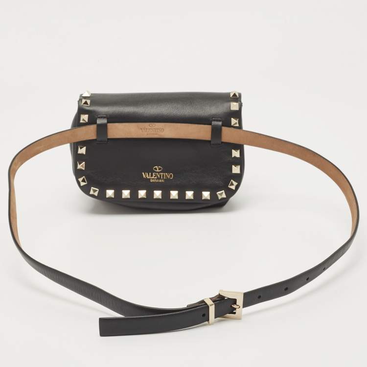Pre Owned Valentino Black Leather Rockstud Flap Belt Bag