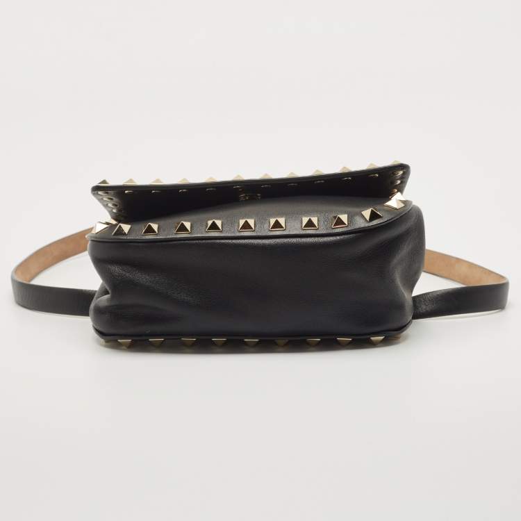 Pre Owned Valentino Black Leather Rockstud Flap Belt Bag