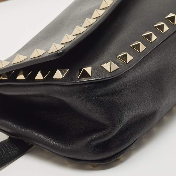 Pre Owned Valentino Black Leather Rockstud Flap Belt Bag