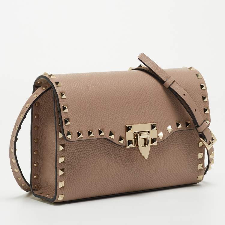 Pre Owned Valentino Beige Leather Small Rockstud Flap Shoulder Bag